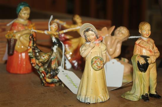 6 Wade Art Deco cellulose glazed figures of Cynthia, Toni, Jose, Strawberry Girl, Elf and Zena, 1930s.